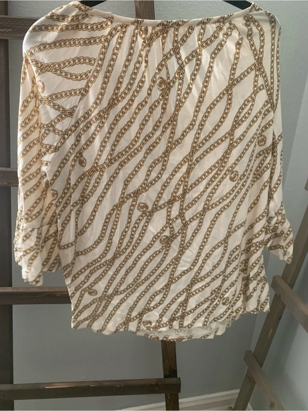 Michael Kors Cream Blouse with Gold Chain Print and Ruffle Sleeves
